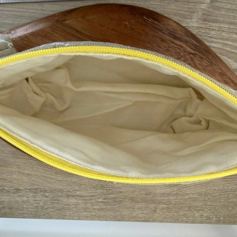 Cosmetic Bag Tan Script Print Home‎ Happy Place Yellow Zipper Pouch Quilted